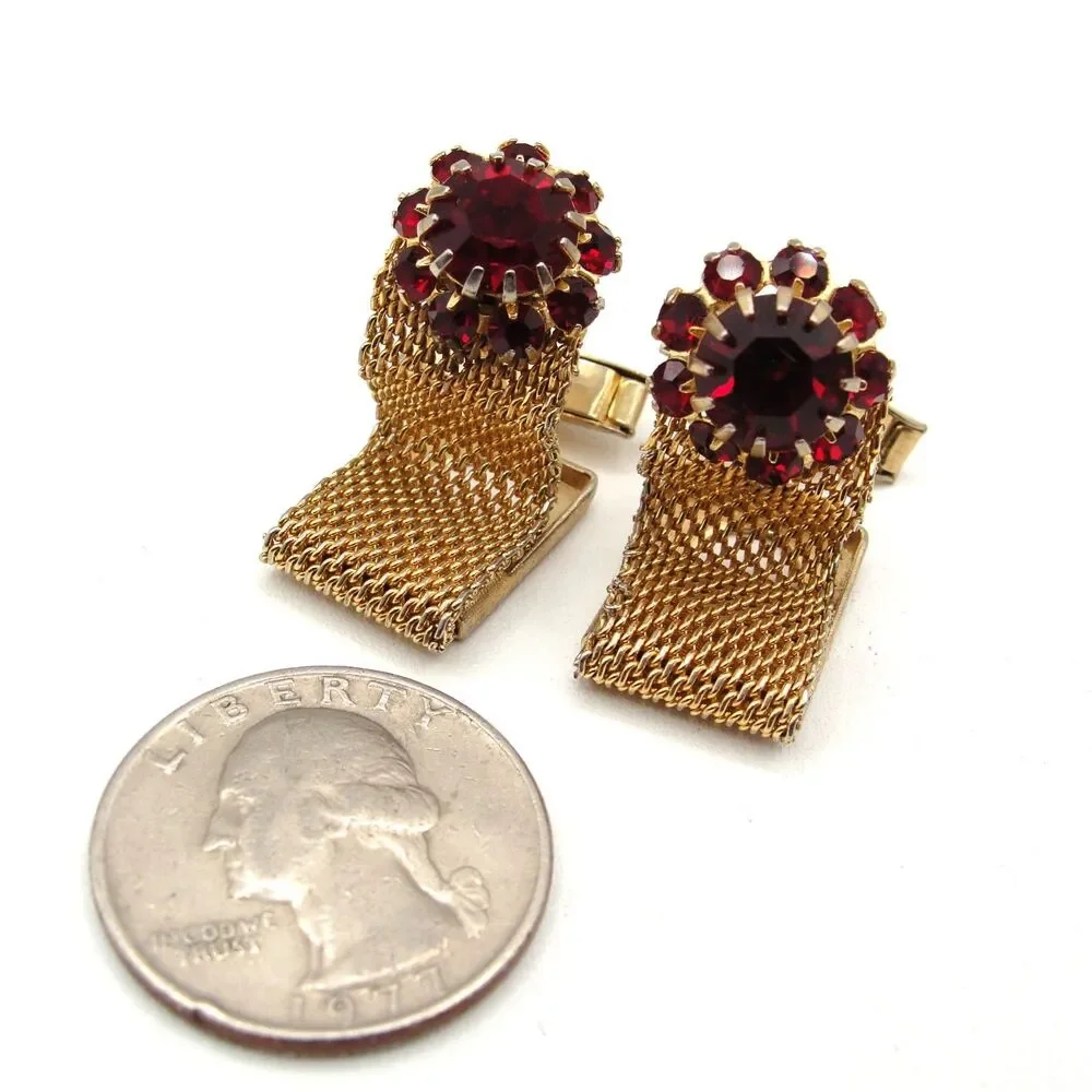 Vintage Ruby Red Rhinestone Mesh Wrap Around Cufflinks Gold Tone Mid Century